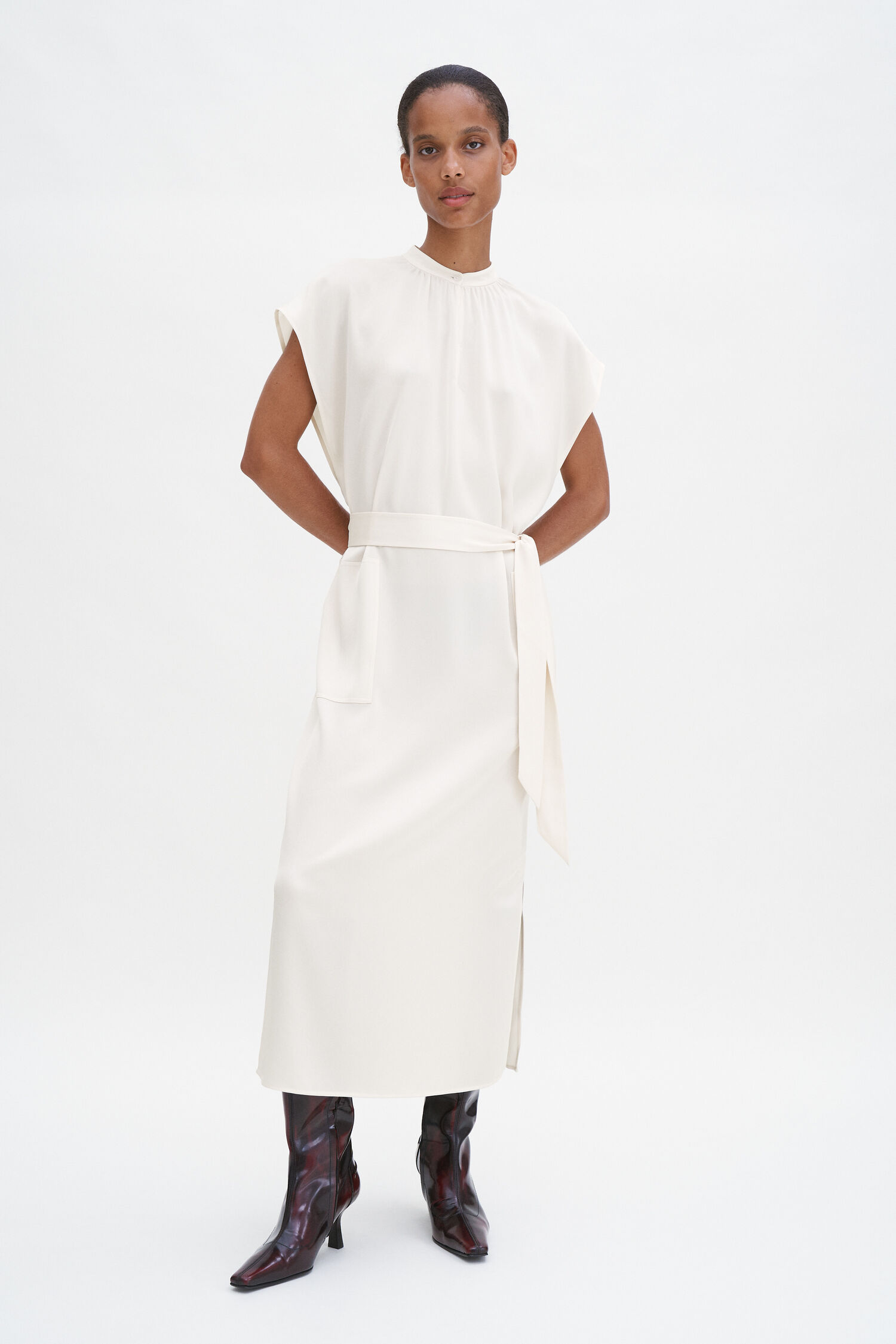 Belted Stand Collar Dress