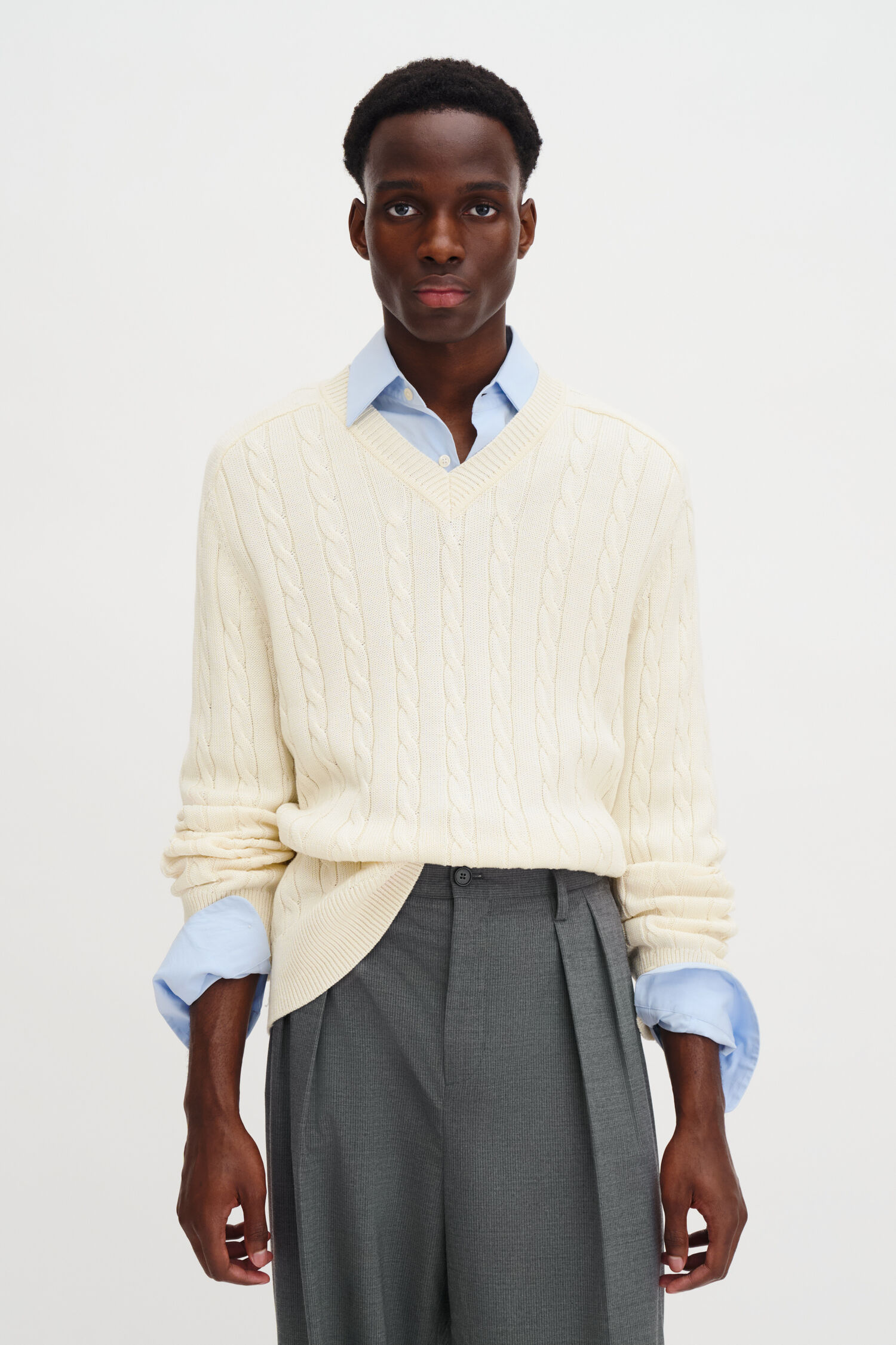 Braided Cotton V-Neck Sweater
