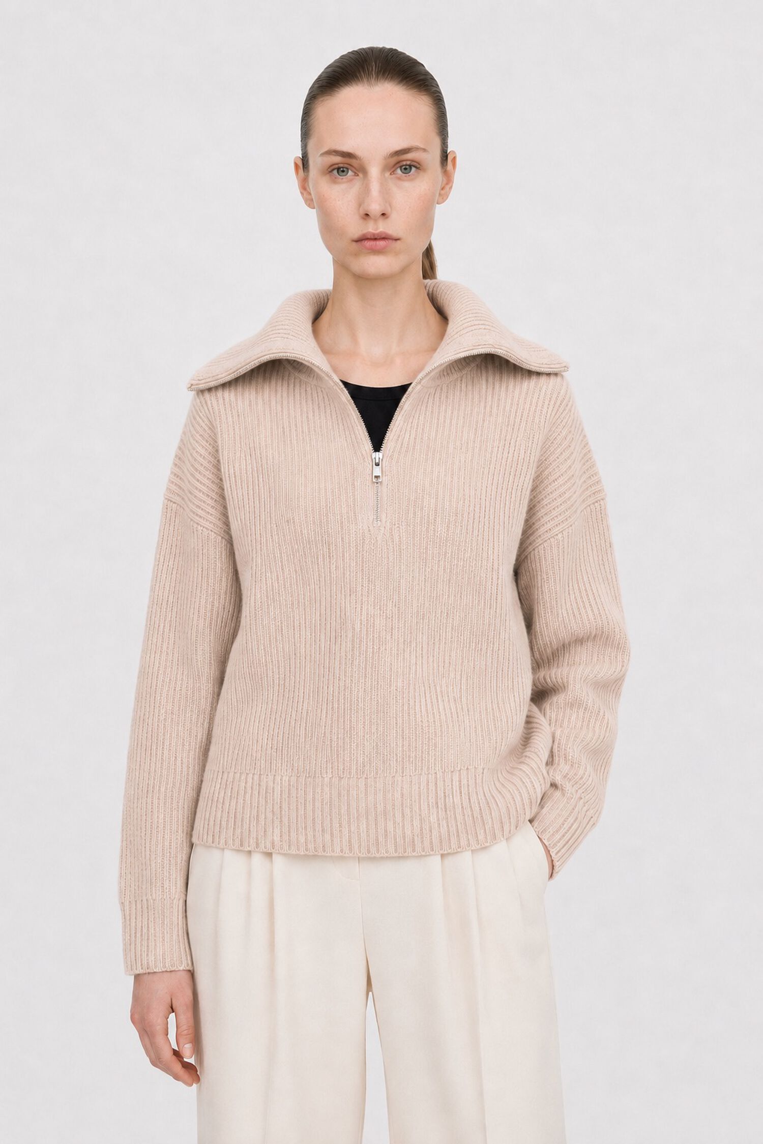 Ribbed Wool Half Zip Sweater