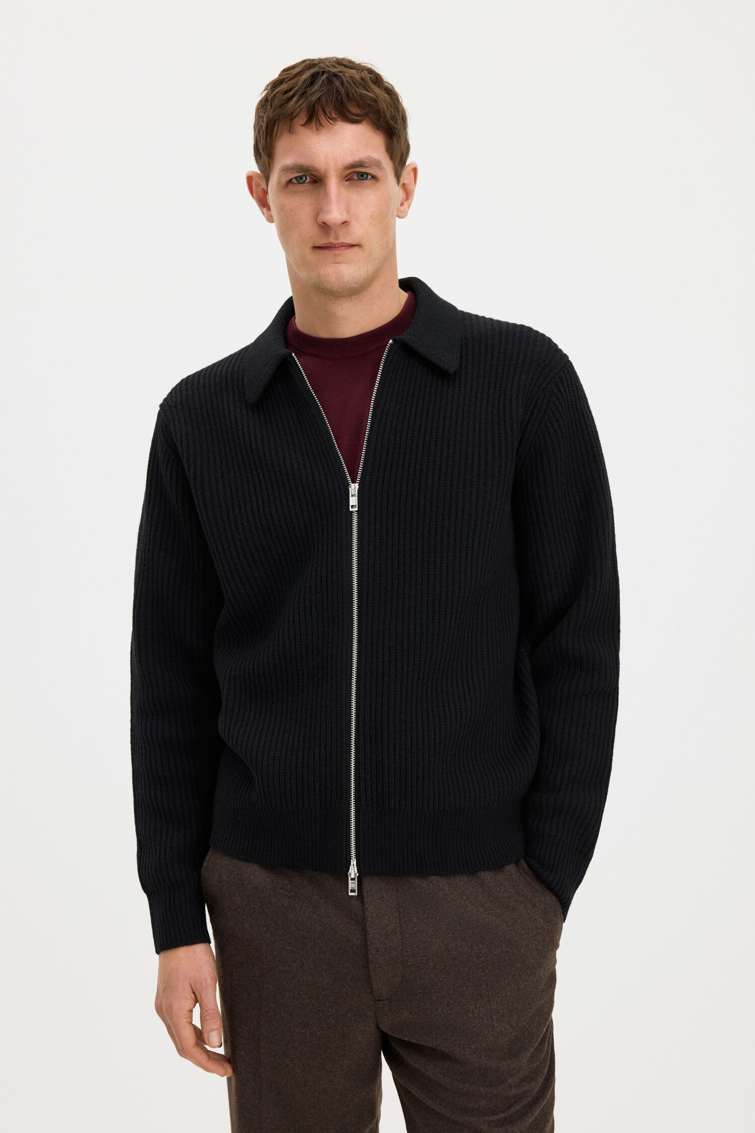 Ribbed Wool Zip Cardigan
