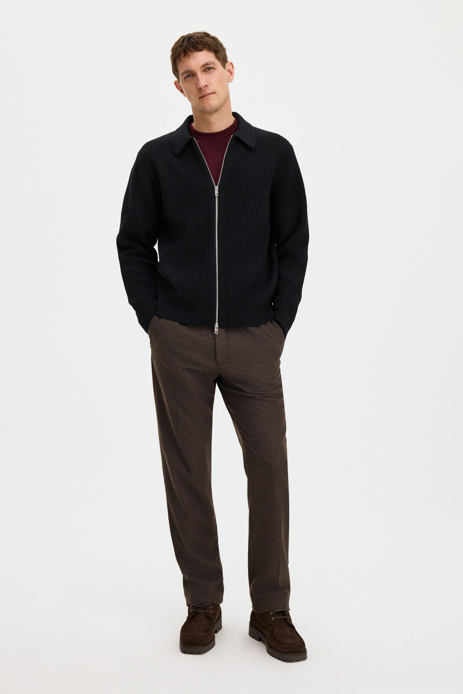 Ribbed Wool Zip Cardigan