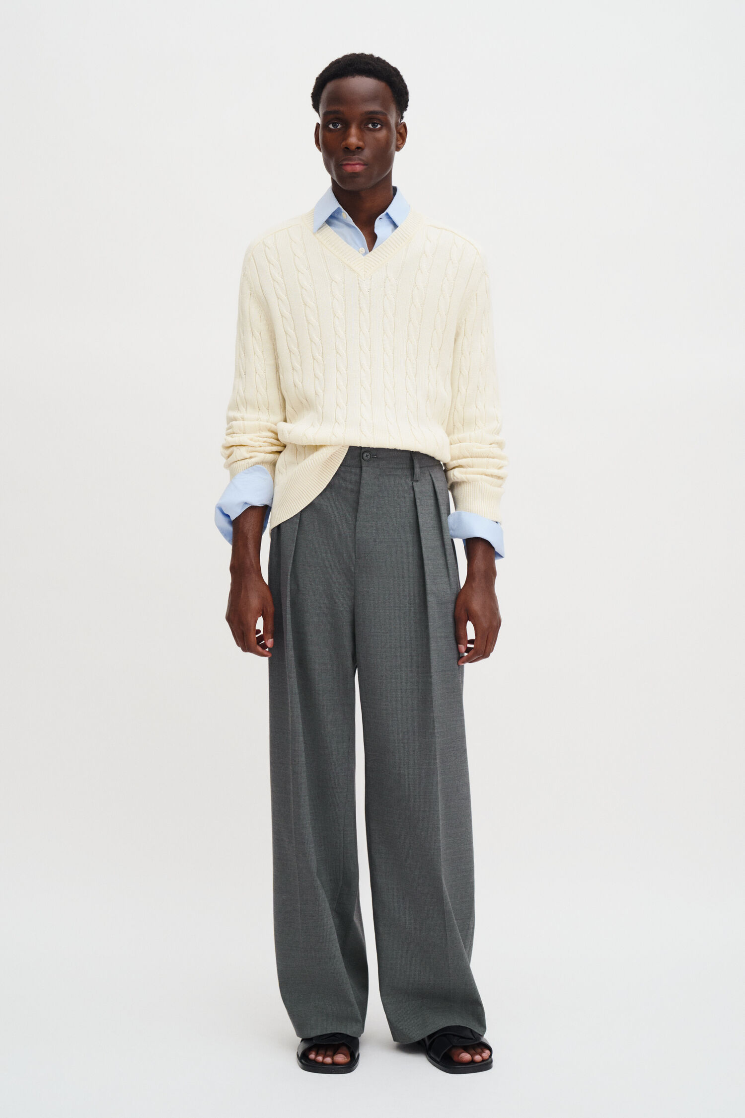 Braided Cotton V-Neck Sweater