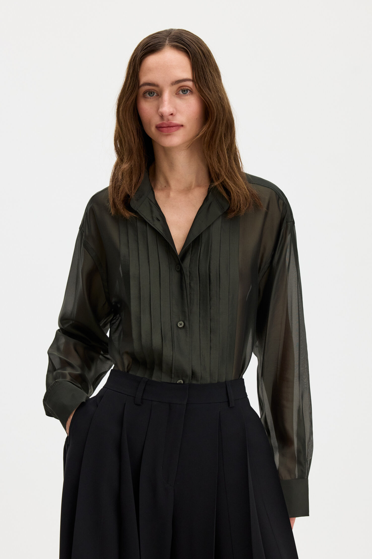 Pleated Stand Collar Shirt